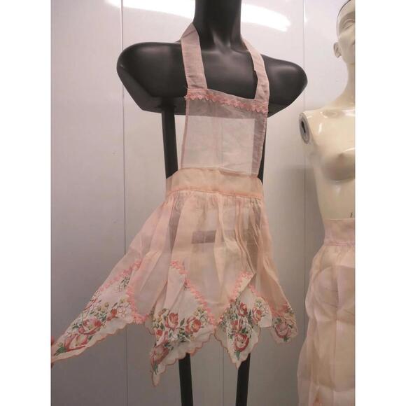 Handmade Other - 40s 50s Silk Organza Apron Mother Daughter Set Light Pink Red Roses Handkerchief